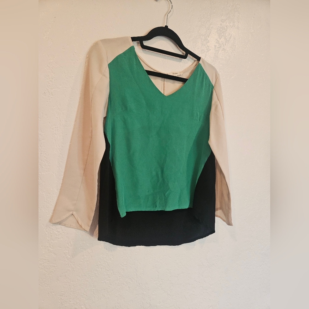 Céline Colorblock 100% Silk V-Neck Long Sleeve Top Green Black Beige US Size 4